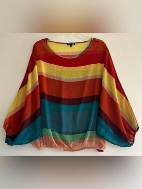 Cha Cha Vente Rainbow Stripe Dolman Sleeve Sheer Boho Blouse M